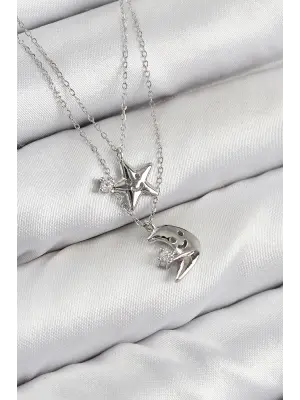Pirinç Zirkon Taşlı Yıldız Ve Ay Model Gümüş Renk Kadın Kolye