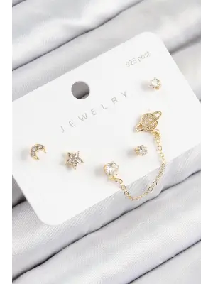 Pirinç Zirkon Taşlı Yıldız Ve Gezegen Model Gold Renk 925 Ayar Gümüş Çivi Kadın Küpe Set