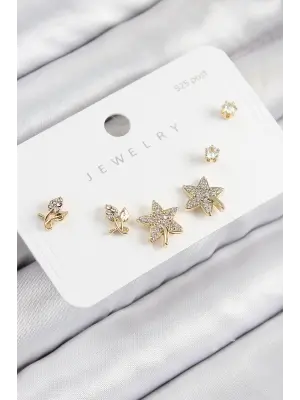 Pirinç Zirkon Taşlı Yıldız Ve Gül Model Gold Renk 925 Ayar Gümüş Çivi Kadın Küpe Set