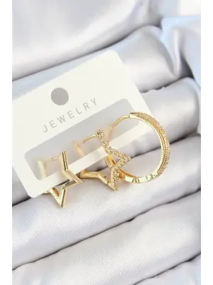 Pirinç Zirkon Taşlı Yıldız Ve Halka Model Gold Renk 3lü Çift Kadın Küpe Set