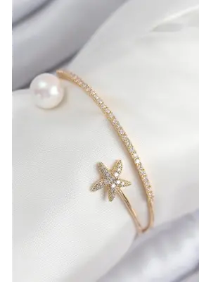 Pirinç Zirkon Taşlı Yıldız Ve İnci Model Gold Renk Kadın Bileklik