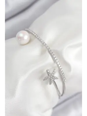 Pirinç Zirkon Taşlı Yıldız Ve İnci Model Gümüş Renk Kadın Bileklik
