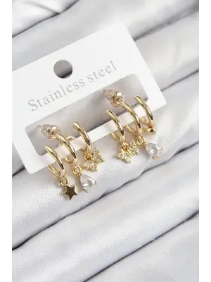 Pirinç Zirkon Taşlı Yıldız Ve Kelebek Model Gold Renk Kadın Küpe