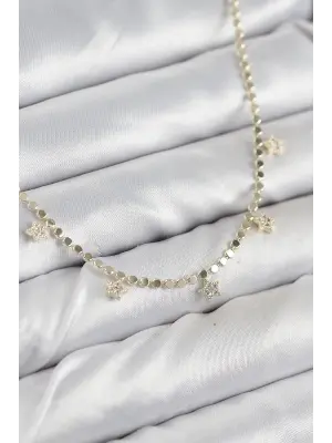 Pirinç Zirkon Taşlı Yıldızlı Ezme Zincir Model Gold Renk Kadın Kolye