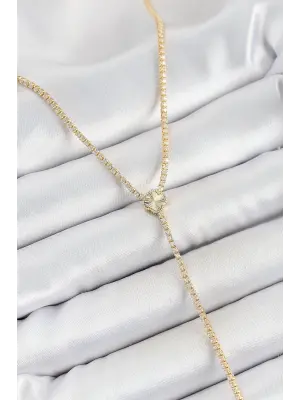 Pirinç Zirkon Taşlı Yonca Figürlü Y Model Gold Renk Kadın Kolye