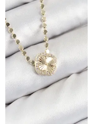 Pirinç Zirkon Taşlı Yonca Model Ezme Zincir Gold Renk Kadın Kolye