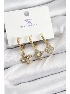 Pirinç Zİrkon Taşlı Yonca Model Gold Renk 3lü Kadın Küpe
