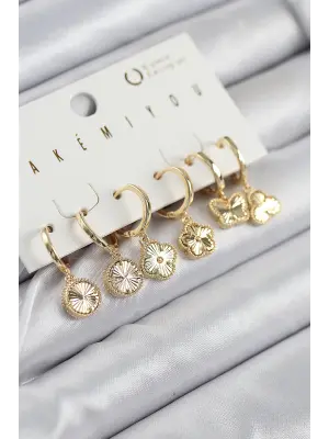 Pirinç Zirkon Taşlı Yonca Model Gold Renk 6lı Küpe Set