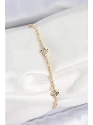 Pirinç Zirkon Taşlı Yonca Model Gold Renk Kadın Bilekilk