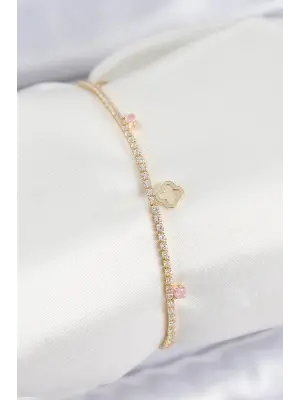 Pirinç Zirkon Taşlı Yonca Model Gold Renk Kadın Bilekilk