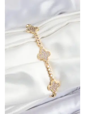 Pirinç Zirkon Taşlı Yonca Model Gold Renk Kadın Bileklik