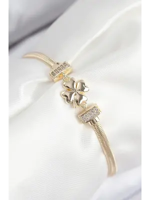 Pirinç Zirkon Taşlı Yonca Model Gold Renk Kadın Bileklik