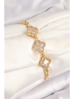 Pirinç Zirkon Taşlı Yonca Model Gold Renk Kadın Bileklik
