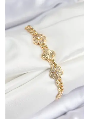 Pirinç Zirkon Taşlı Yonca Model Gold Renk Kadın Bileklik