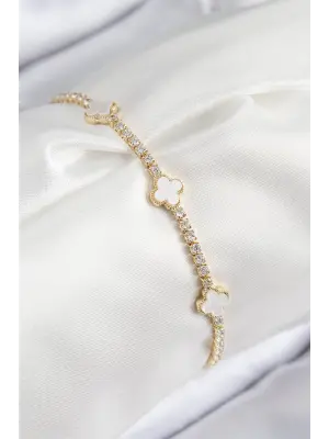 Pirinç Zirkon Taşlı Yonca Model Gold Renk Kadın Bileklik
