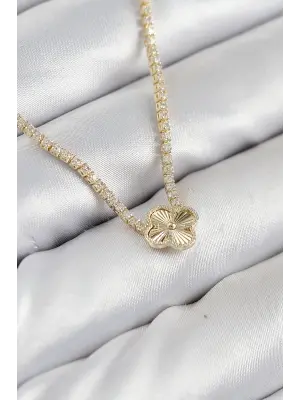 Pirinç Zirkon Taşlı Yonca Model Gold Renk Kadın Kolye