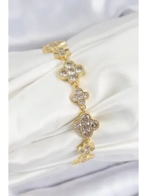 Pirinç Zirkon Taşlı Yonca Model Gold Renk VIP Seri Kadın Bileklik