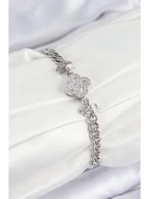 Pirinç Zirkon Taşlı Yonca Model Gümüş Renk Kadın Bileklik