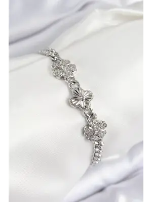 Pirinç Zirkon Taşlı Yonca Model Gümüş Renk Kadın Bileklik