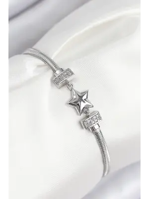 Pirinç Zirkon Taşlı Yonca Model Gümüş Renk Kadın Bileklik