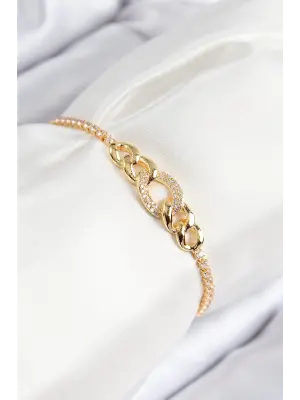 Pirinç Zirkon Taşlı Zincir Model Gold Renk Asansörlü Kadın Bileklik