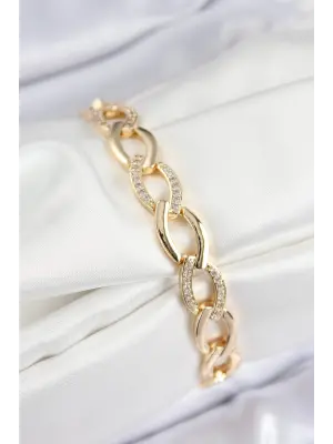 Pirinç Zirkon Taşlı Zincir Model Gold Renk Kadın Bileklik