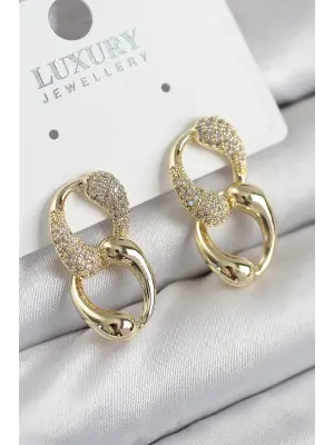 Pirinç Zirkon Taşlı Zincir Model Gold Renk Kadın Küpe