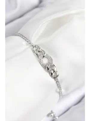 Pirinç Zirkon Taşlı Zincir Model Gümüş Renk Asansörlü Kadın Bileklik