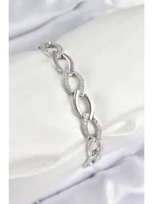 Pirinç Zirkon Taşlı Zincir Model Gümüş Renk Kadın Bileklik