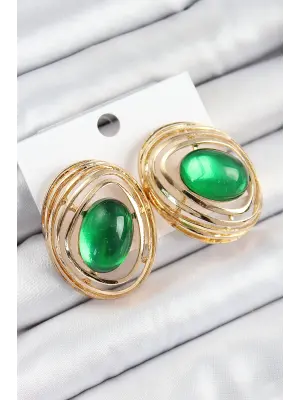 Pirinç Zümrüt Yeşili Zirkon Taşlı Oval Model Gold Renk Kadın Küpe
