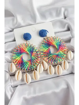 Rainbow Hasır Örgü Sarmal Model Sallantılı Deniz Kabuğu Detaylı Gold Renk Kadın Küpe