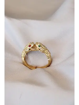 Renkli Gözlü Yılan Detaylı Zirkon Taşlı Ayarlamalı Yüzük