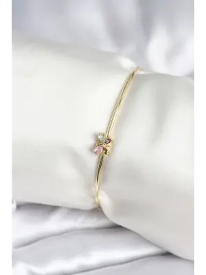 Renkli Kelebek Figür Gold Renk Pirinç Kadın Bileklik