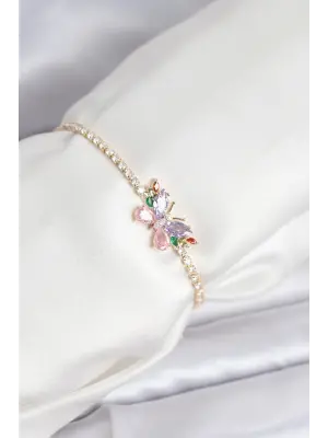 Renkli Kelebek Model Zirkon Taşlı Asansörlü Su Yolu Kadın Bileklik