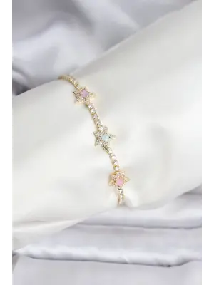 Renkli Yıldız Model Zirkon Taşlı Gold Renk Çelik Su Yolu Kadın Bileklik