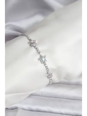 Renkli Yıldız Model Zirkon Taşlı Gümüş Renk Çelik Su Yolu Kadın Bileklik
