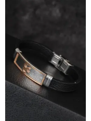 Rose Renk 3 Hilal Figürlü Metal Aksesuarlı Siyah Renk Deri Erkek Bileklik