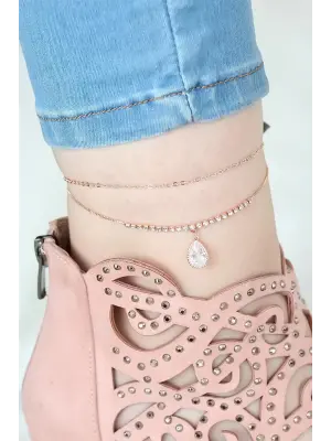 Rose Renk Çift Zincirli Damla Taşlı Hal Hal