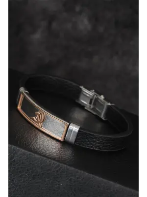 Rose Renk Orak Figürlü Metal Aksesuarlı Siyah Renk Deri Erkek Bileklik