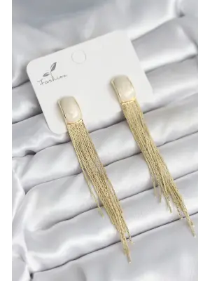 Sallantılı Beyaz Mineli Gold Renk Kadın Küpe