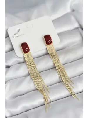 Sallantılı Bordo Mineli Gold Renk Kadın Küpe