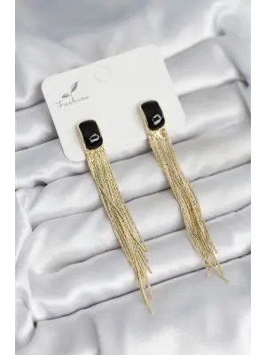 Sallantılı Siyah Mineli Gold Renk Kadın Küpe