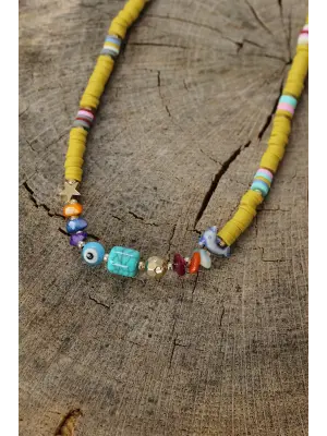 Sarı Boncuklu Mavi Doğal Taş Detaylı Kolye