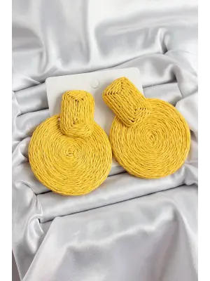 Sarı Daire Figürlü Hasır Örgü Model Gold Renk Kadın Küpe