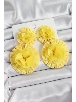 Sarı Gül Figürlü Tül Model Gold Renk Kadın Küpe