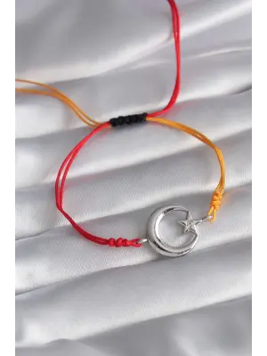 Sarı Kırmızı İpli Gümüş Ay Yıldız Figür Unisex Model Bileklik