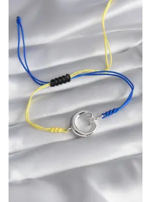 Sarı Lacivert İp Model Gümüş Ay Yıldız Figür Zirkon Taş Detay Unisex Model Bileklik