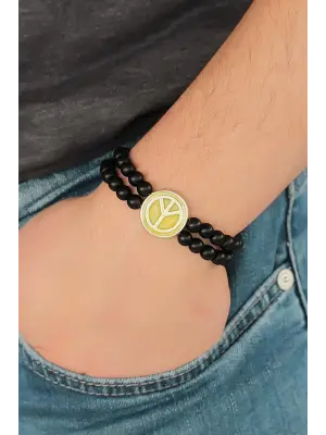 Sarı Metal Barış Simgesi Tasarımlı Siyah Renk Mat Oniks Doğal Taş Erkek Bileklik