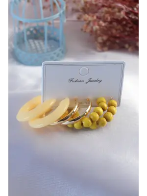 Sarı Renk Boncuk Gold Renk Halka Kadın Küpe Seti