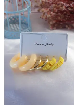 Sarı Renk Boncuk Halka Model Kadın Küpe Seti